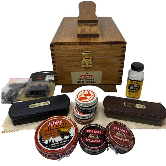Vintage Kiwi Shoe Shine Kit Valet Box Set – Wood Case & Used Products - Picture 1 of 13